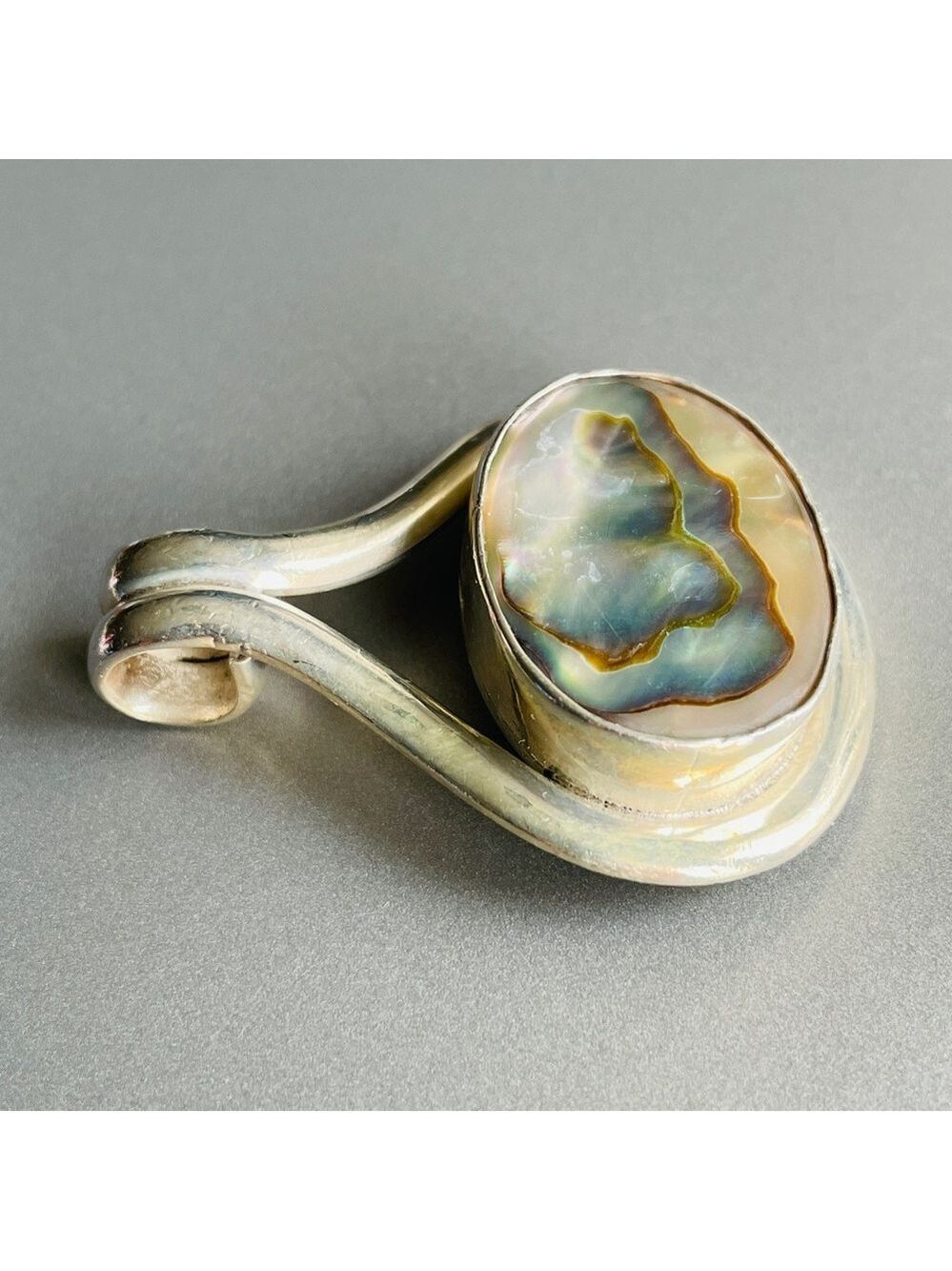 Vintage Mexico Abalone Shell Sterling Silver Split Bail Large Pendant Ne… - Picture 3 of 6